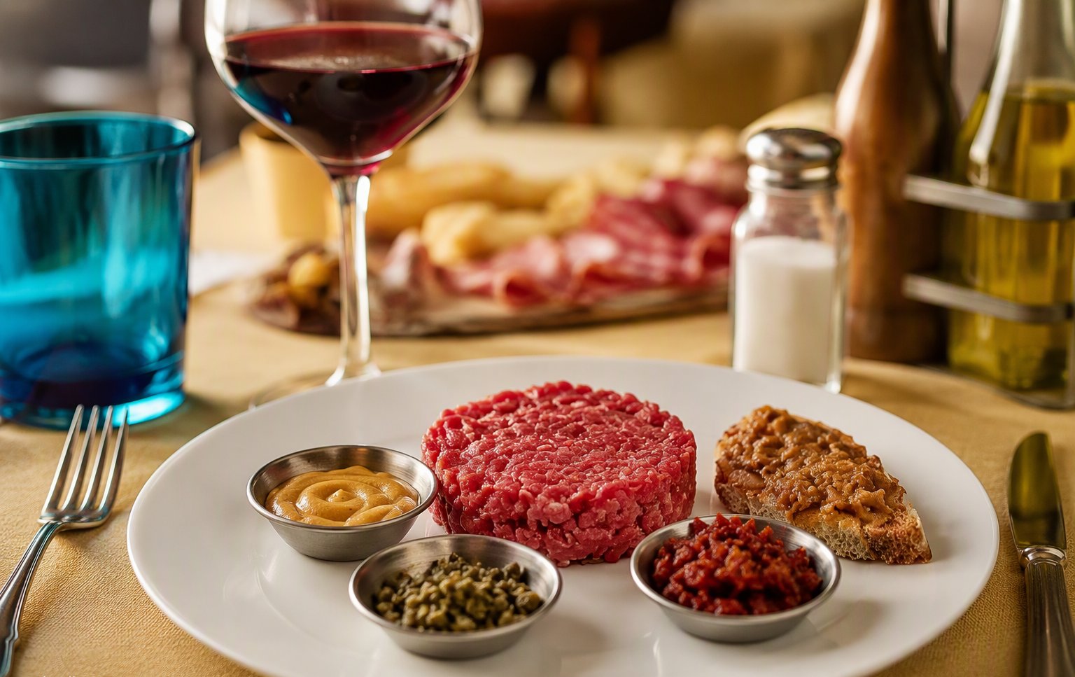 La tartare di manzo con le salsine di accompagnamento